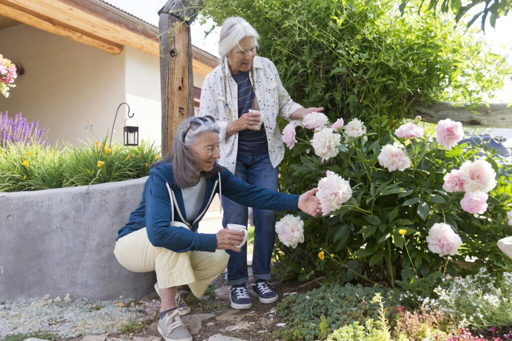 Cuidadora y señora mayor paseando y mirando flores en un jardín